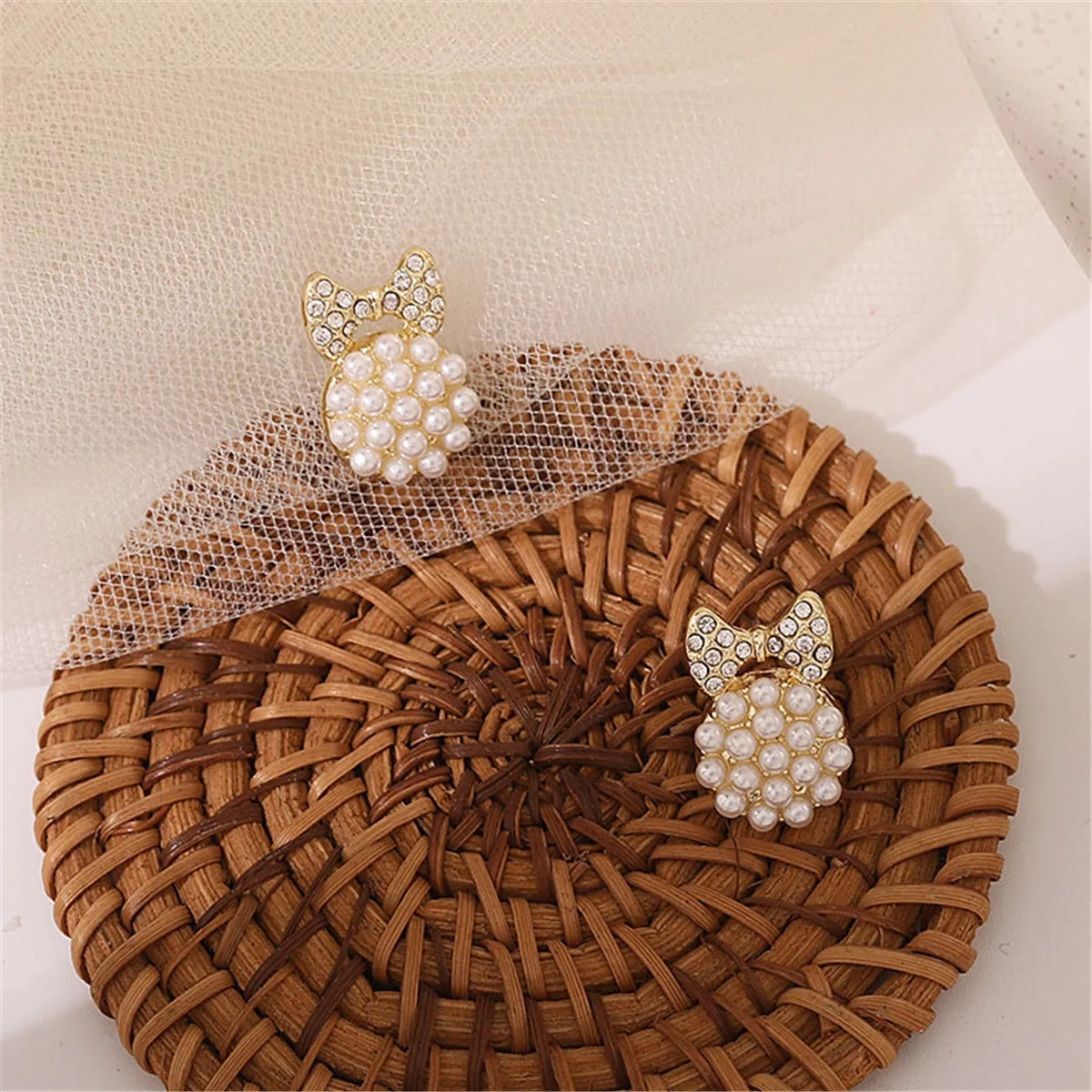 Cubic Zirconia & Pearl Bow Round Stud Earrings