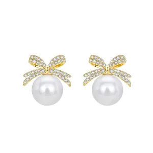 Cubic Zirconia & Pearl Bow Stud Earrings