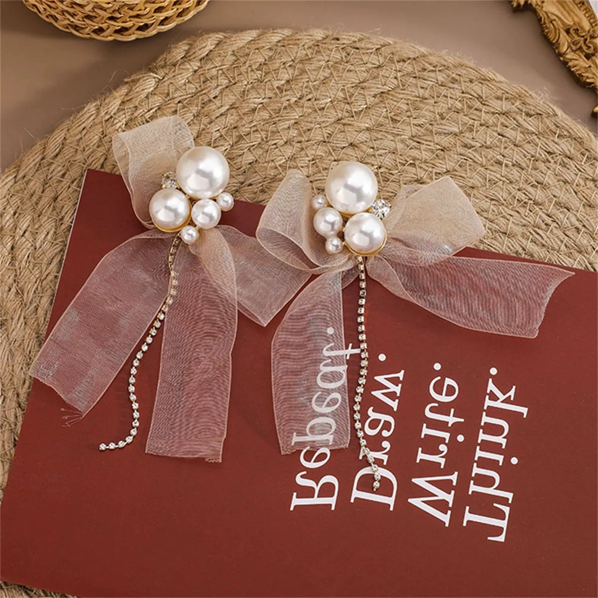 Cubic Zirconia & Pearl Mesh 18K Gold-Plated Bow Drop Earrings