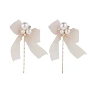 Cubic Zirconia & Pearl Mesh 18K Gold-Plated Bow Drop Earrings