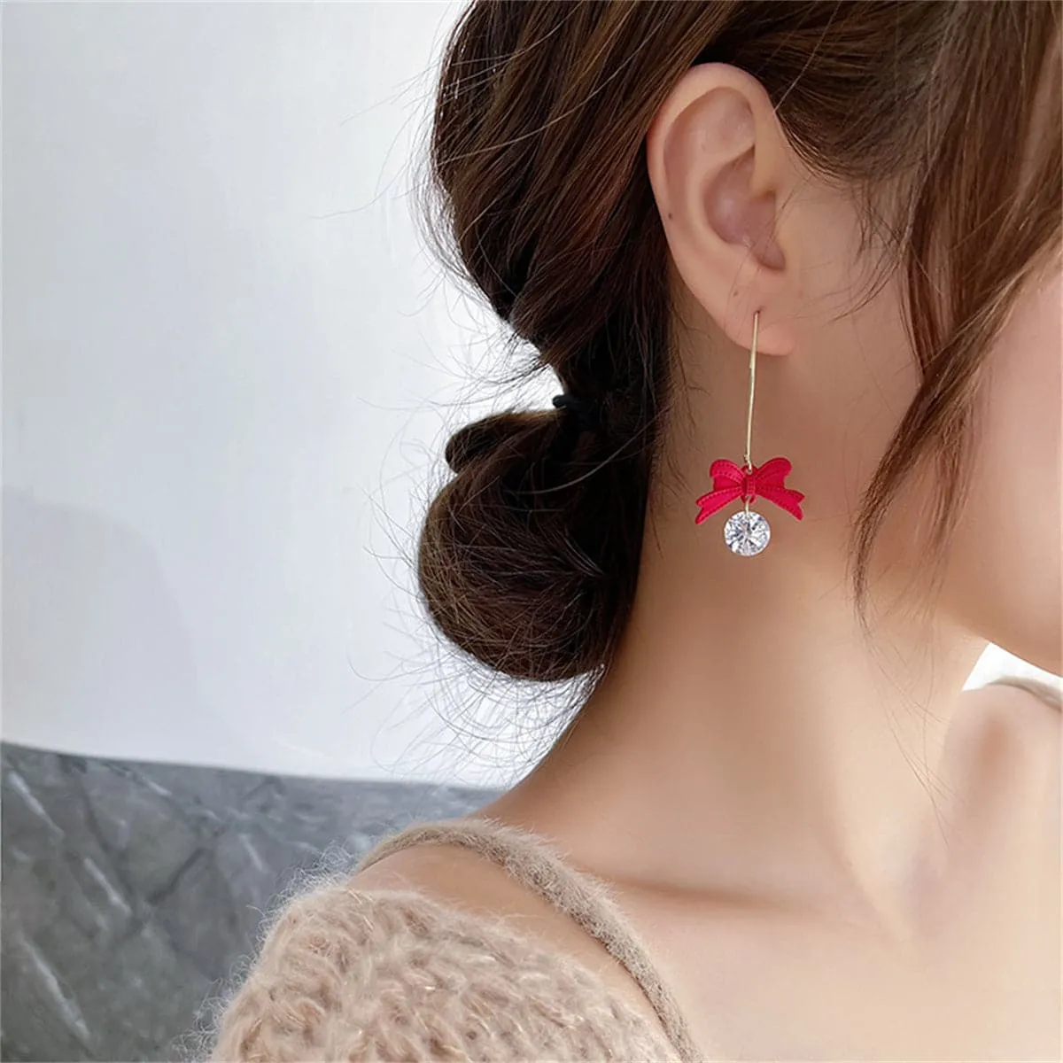 Cubic Zirconia & Red Enamel 18K Gold-Plated Bow Drop Earrings