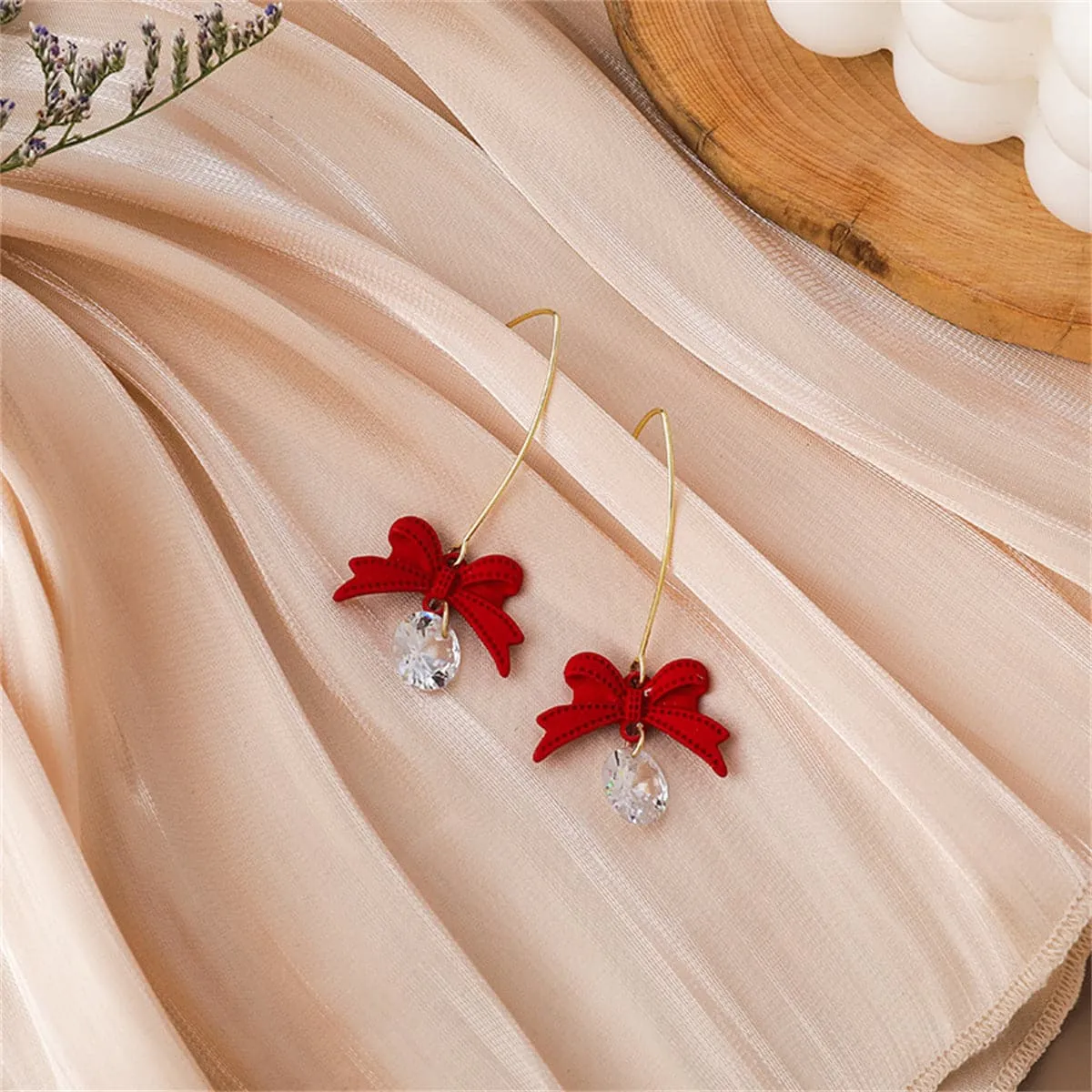 Cubic Zirconia & Red Enamel 18K Gold-Plated Bow Drop Earrings