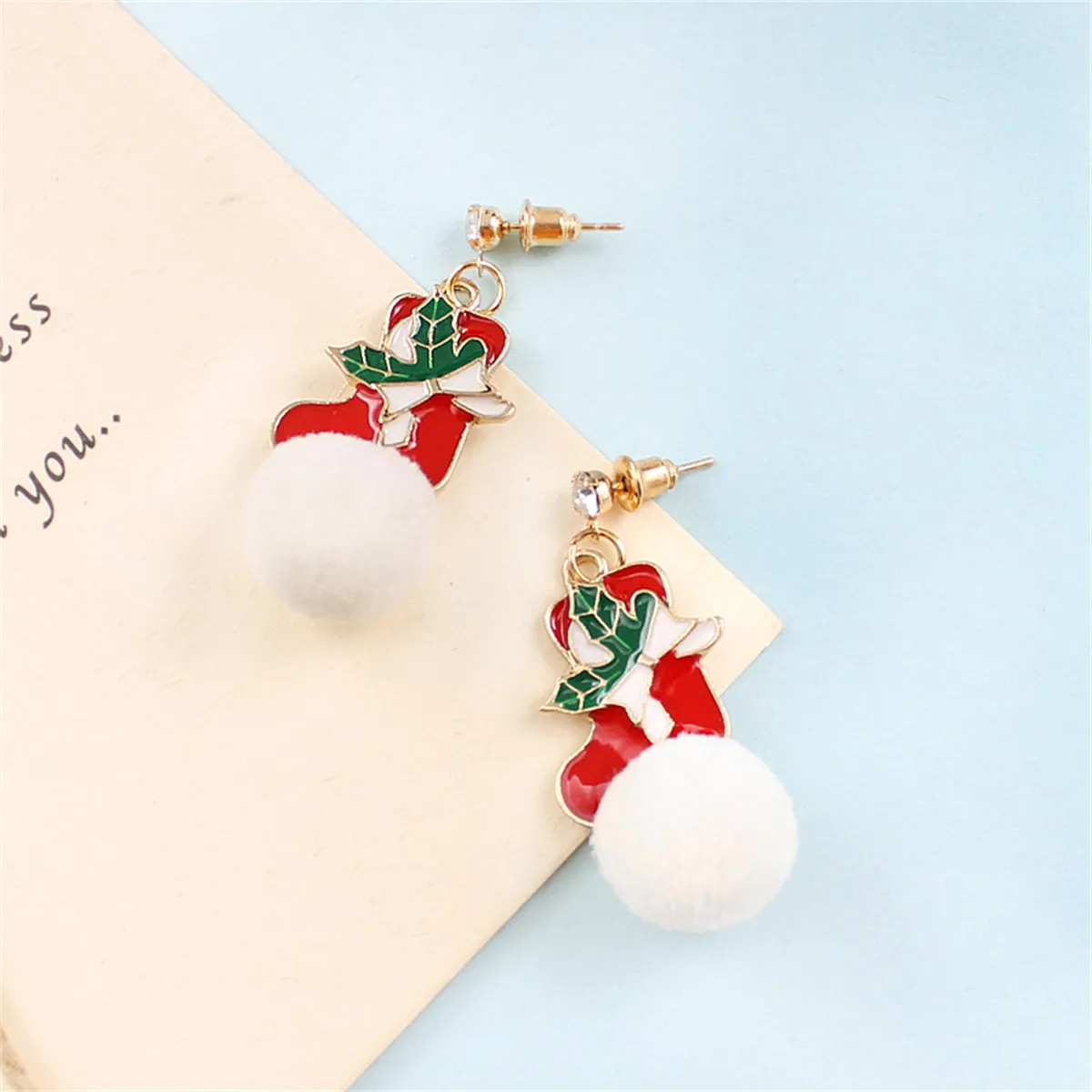 Cubic Zirconia & Red Holly Stocking Pom-Pom Drop Earrings