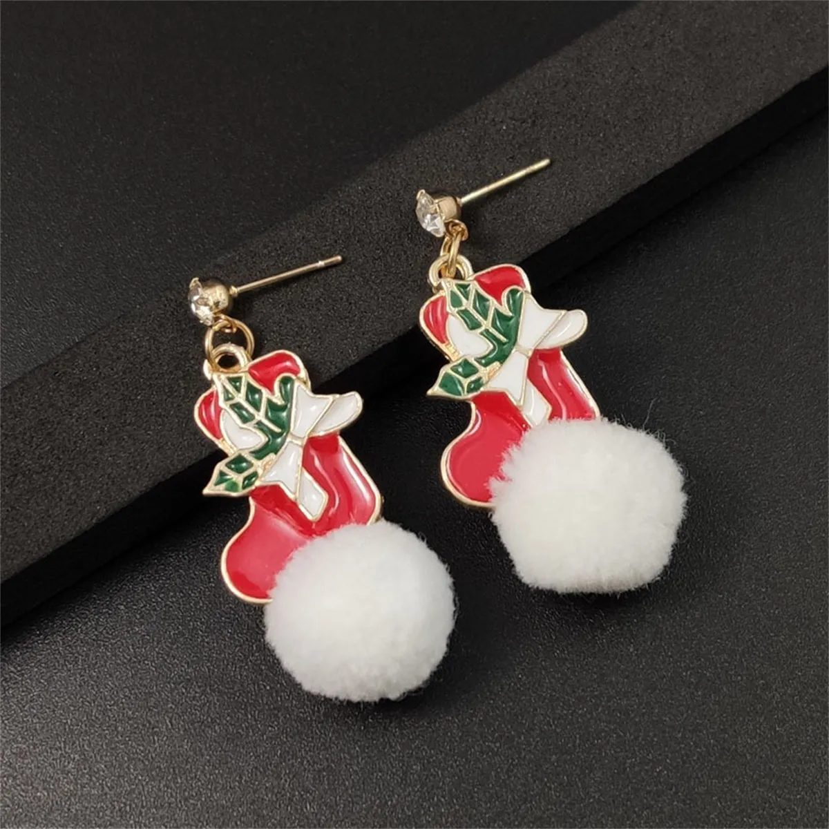 Cubic Zirconia & Red Holly Stocking Pom-Pom Drop Earrings