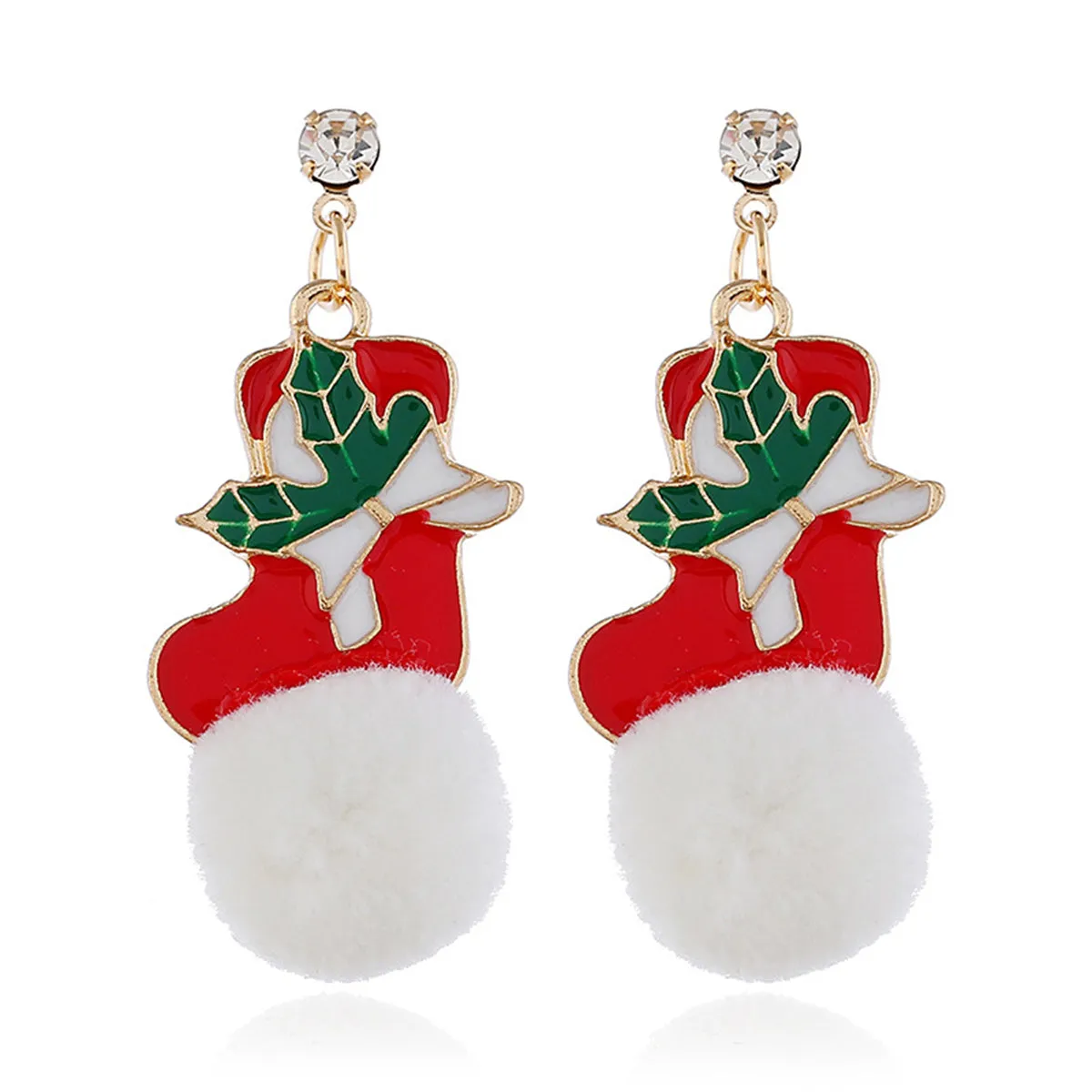 Cubic Zirconia & Red Holly Stocking Pom-Pom Drop Earrings