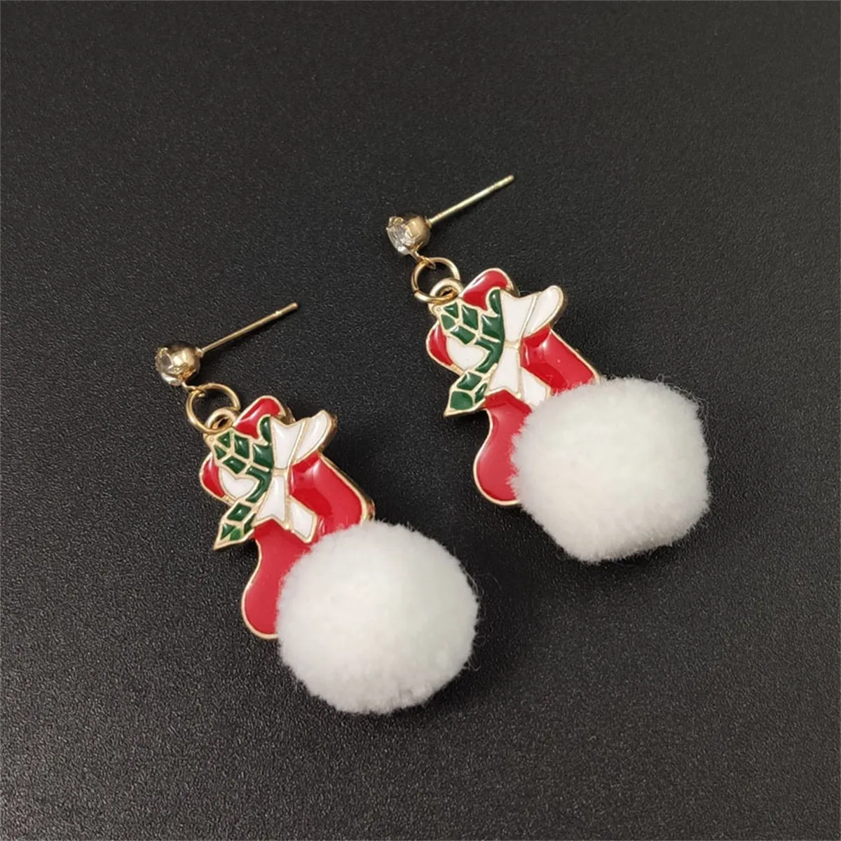 Cubic Zirconia & Red Holly Stocking Pom-Pom Drop Earrings