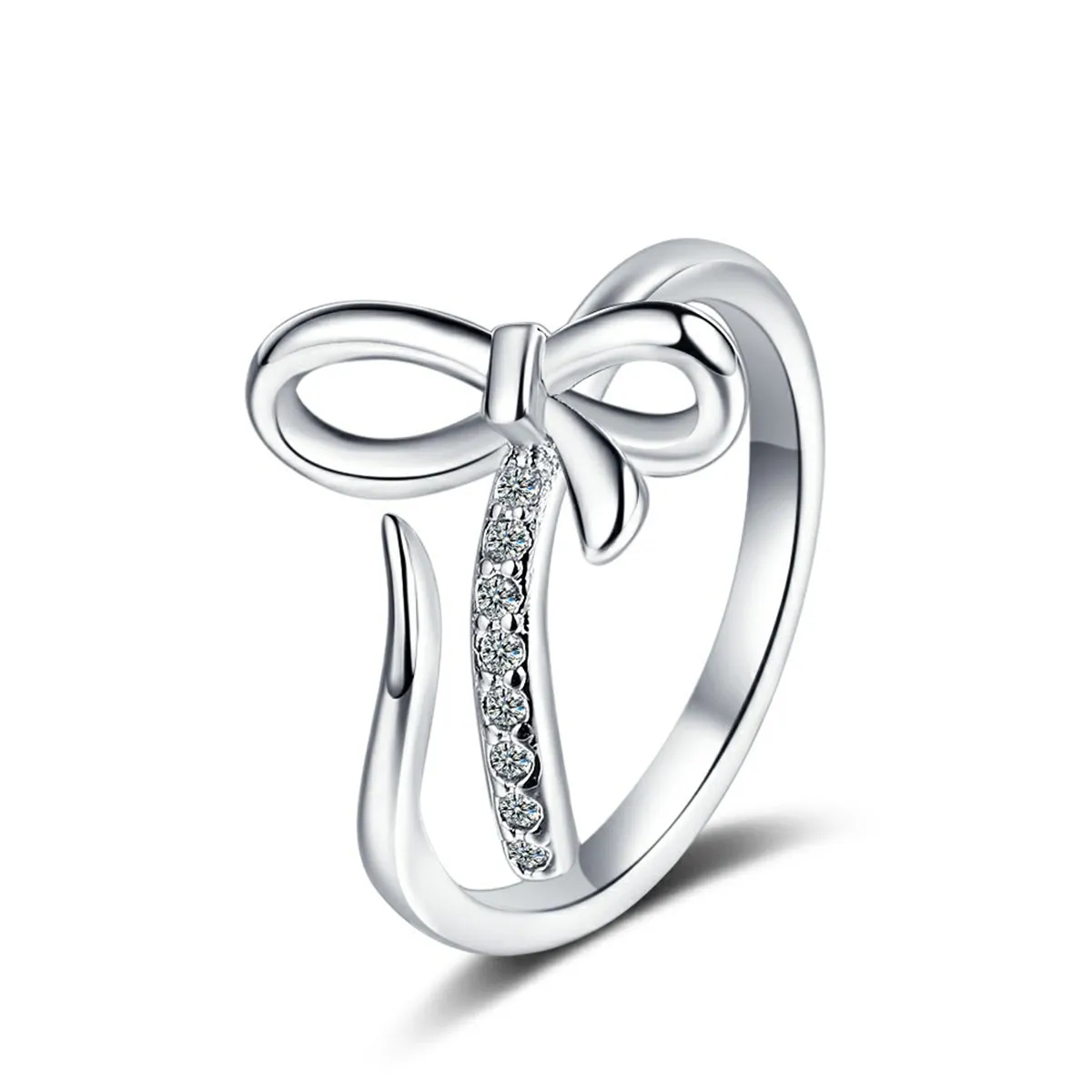 Cubic Zirconia & Silver-Plated Bow Bypass Ring