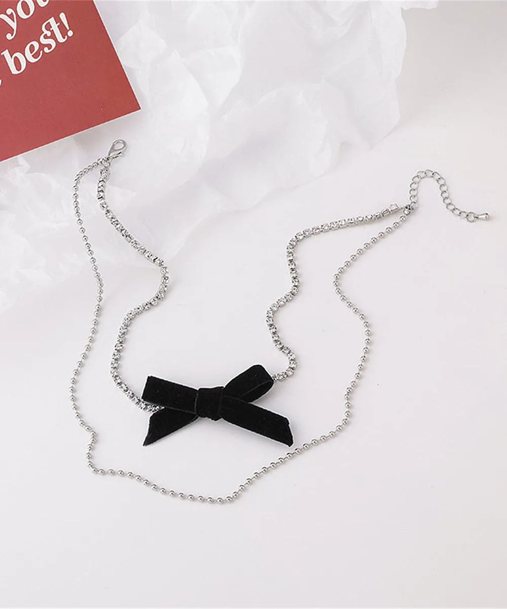 Cubic Zirconia & Silver-Plated Bow Layered Necklace