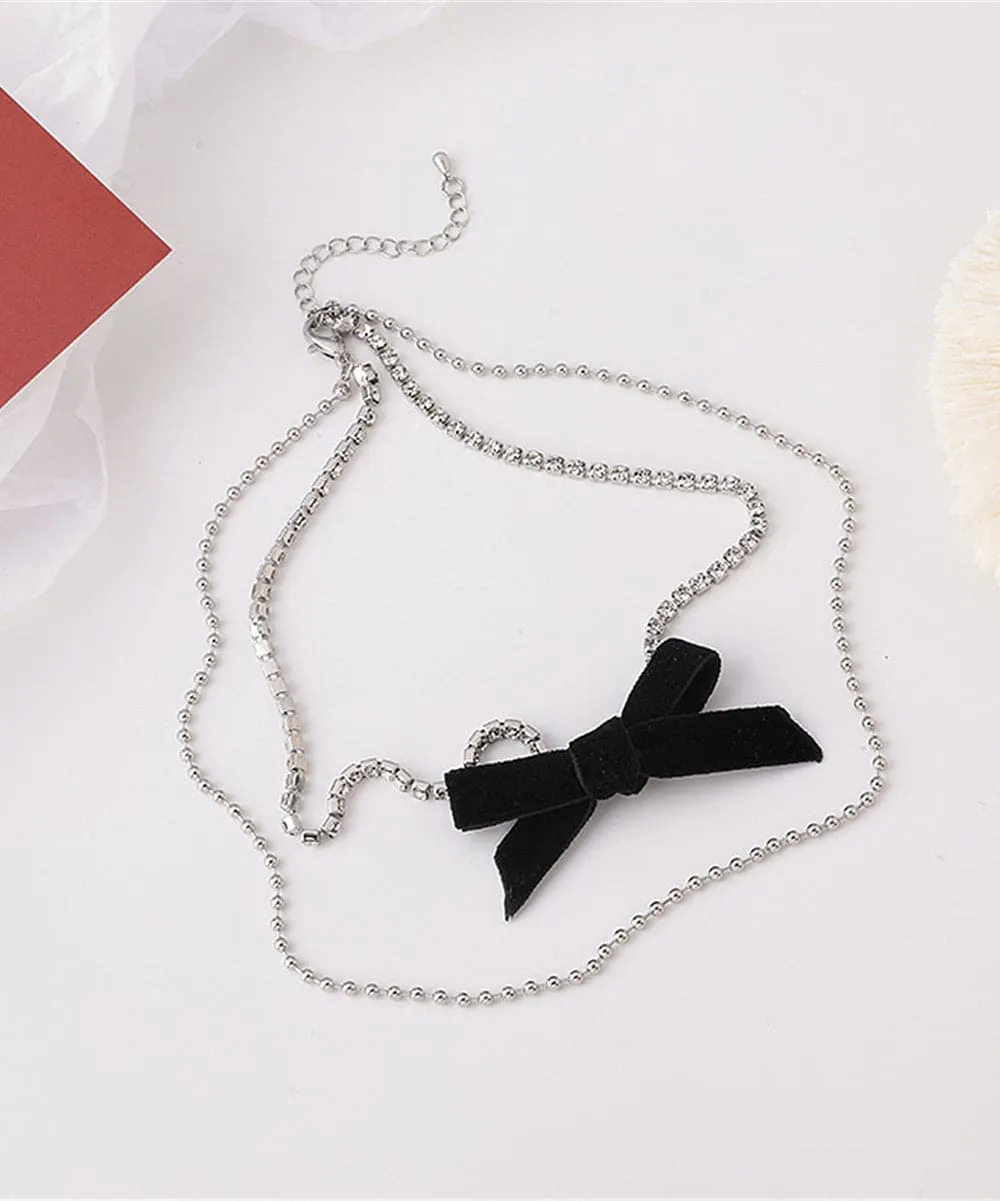 Cubic Zirconia & Silver-Plated Bow Layered Necklace