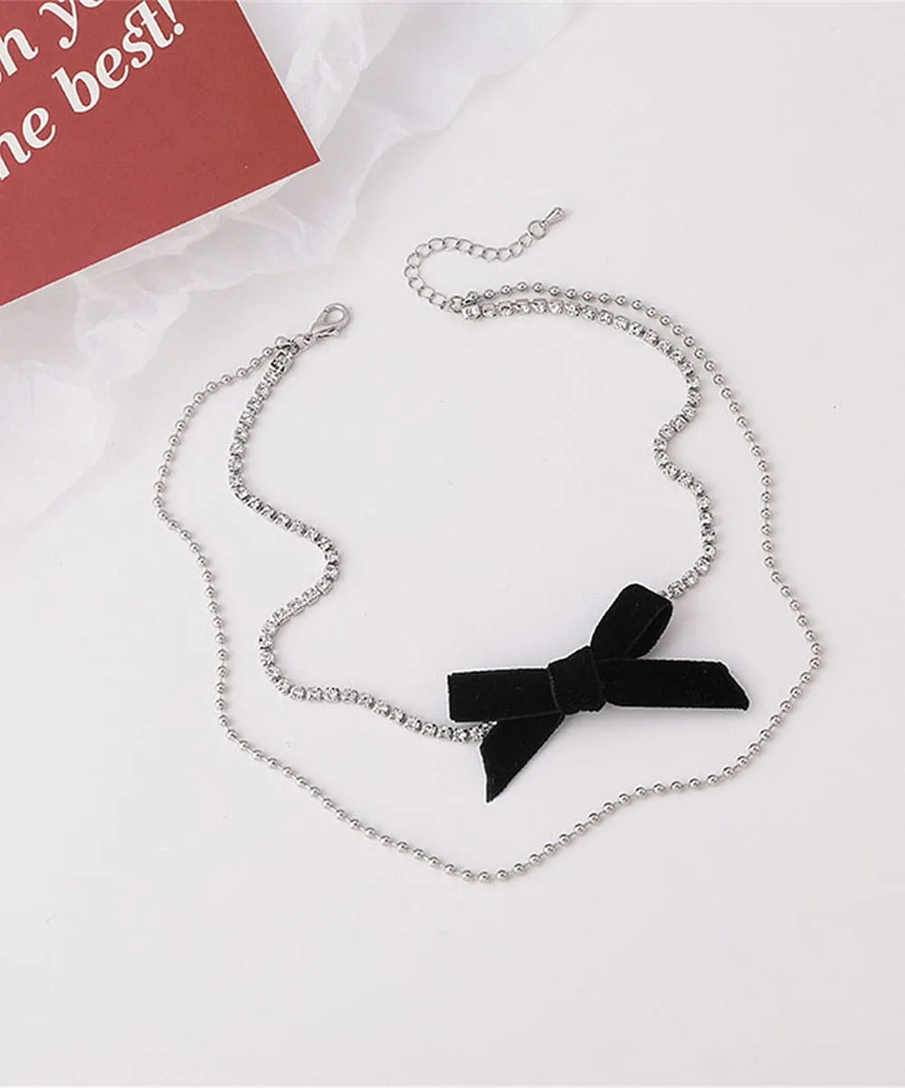 Cubic Zirconia & Silver-Plated Bow Layered Necklace