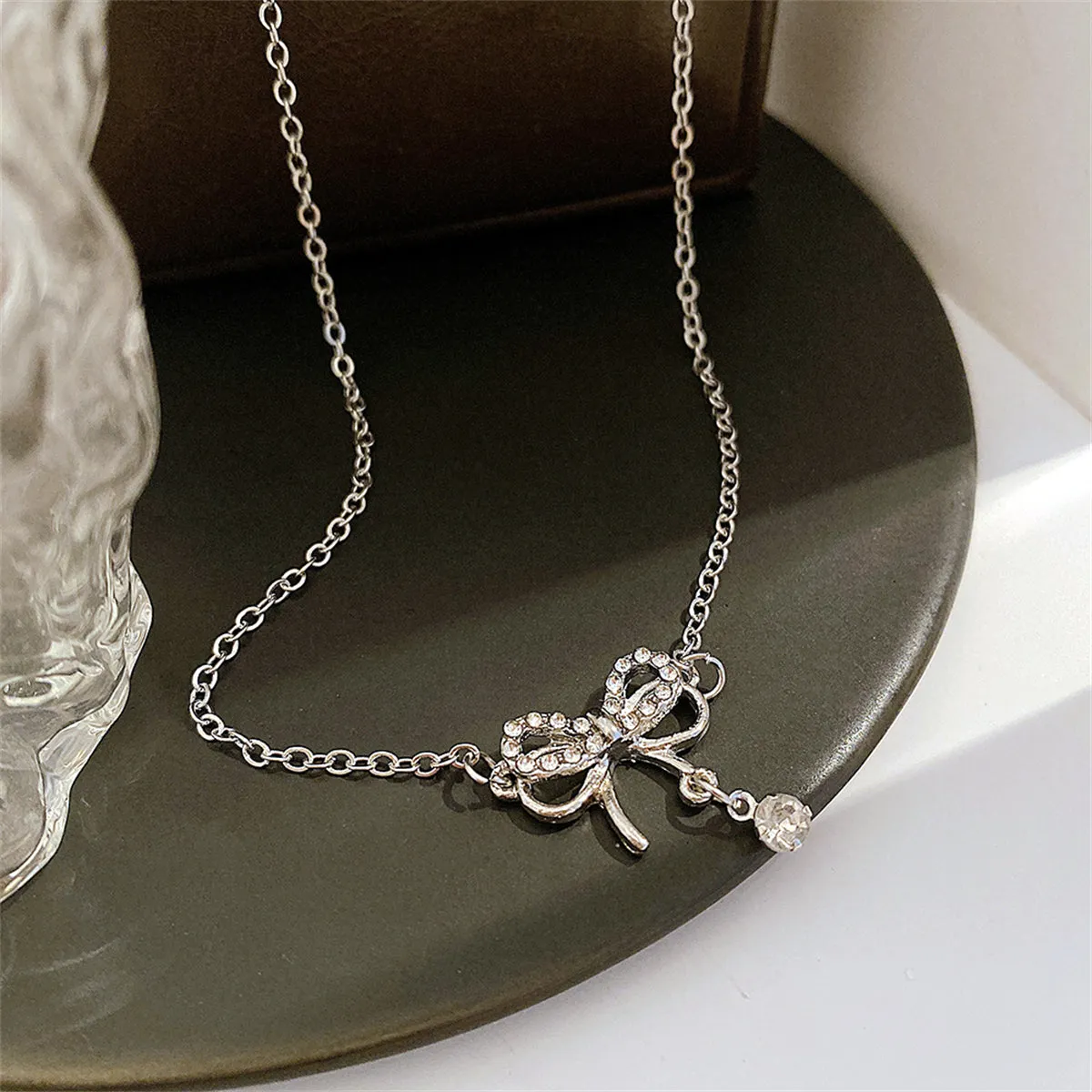 Cubic Zirconia & Silver-Plated Bow Pendant Necklace