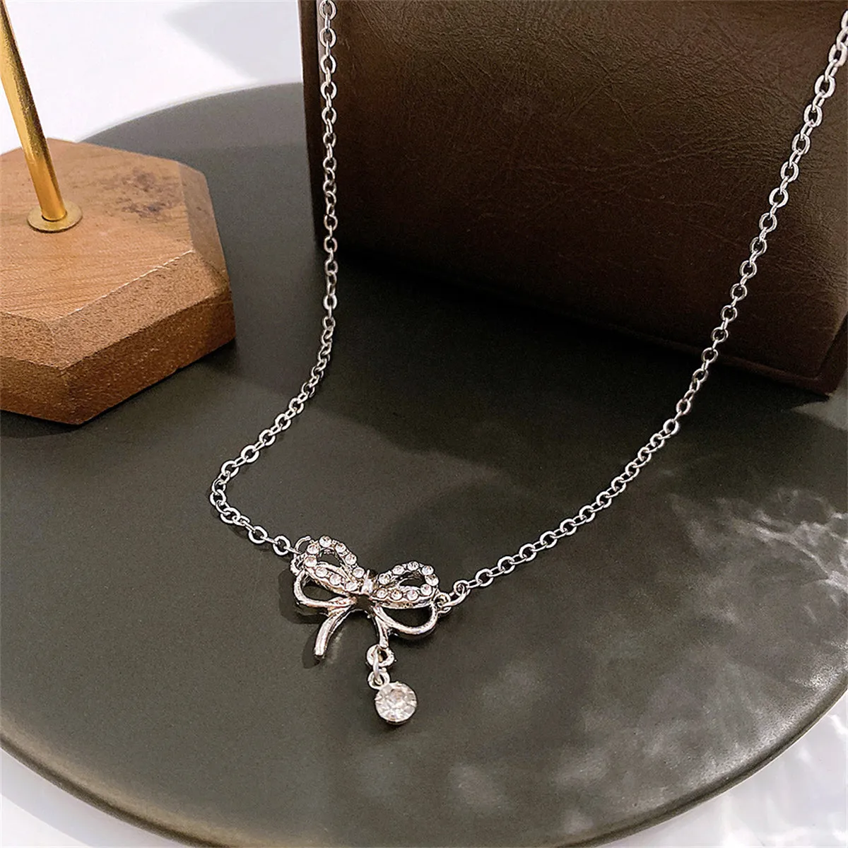 Cubic Zirconia & Silver-Plated Bow Pendant Necklace