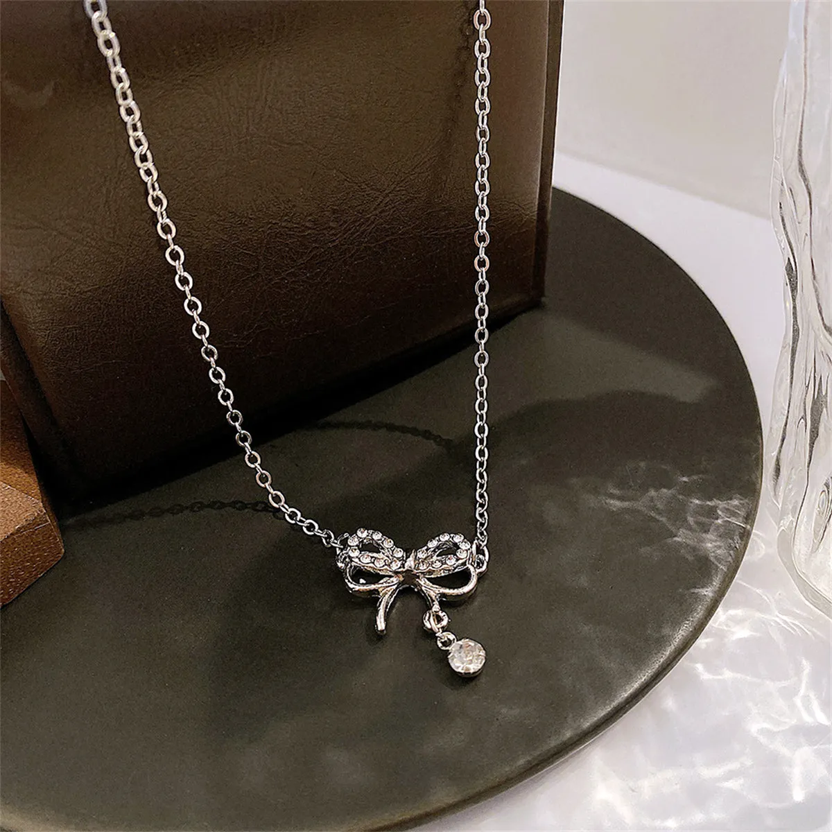 Cubic Zirconia & Silver-Plated Bow Pendant Necklace