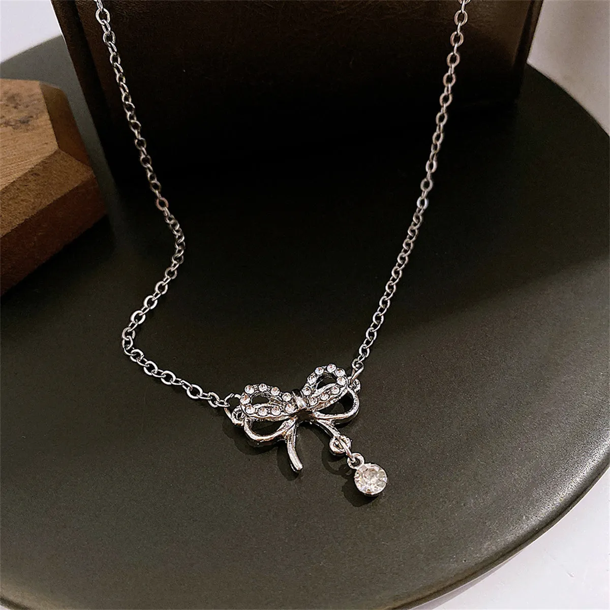 Cubic Zirconia & Silver-Plated Bow Pendant Necklace