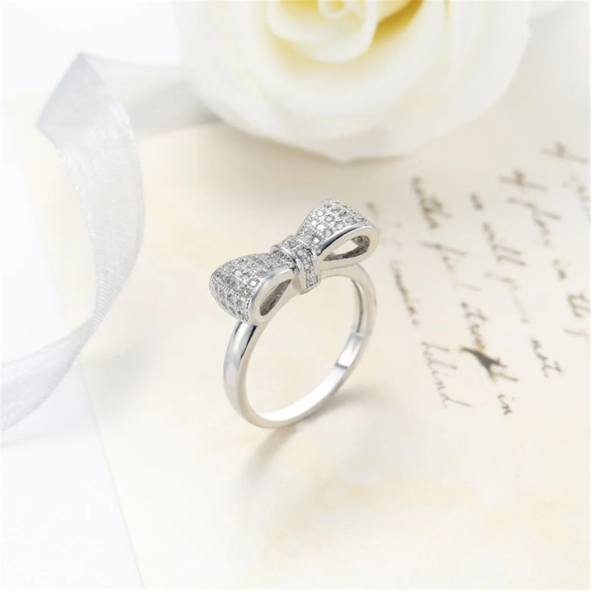 Cubic Zirconia & Silver-Plated Bow Ring