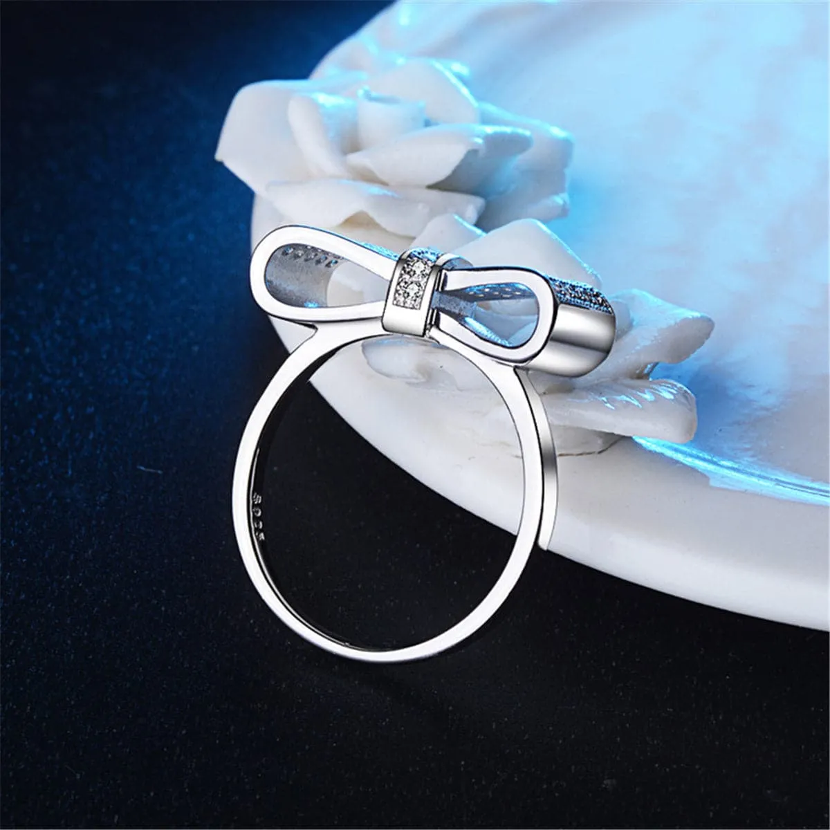 Cubic Zirconia & Silver-Plated Bow Ring