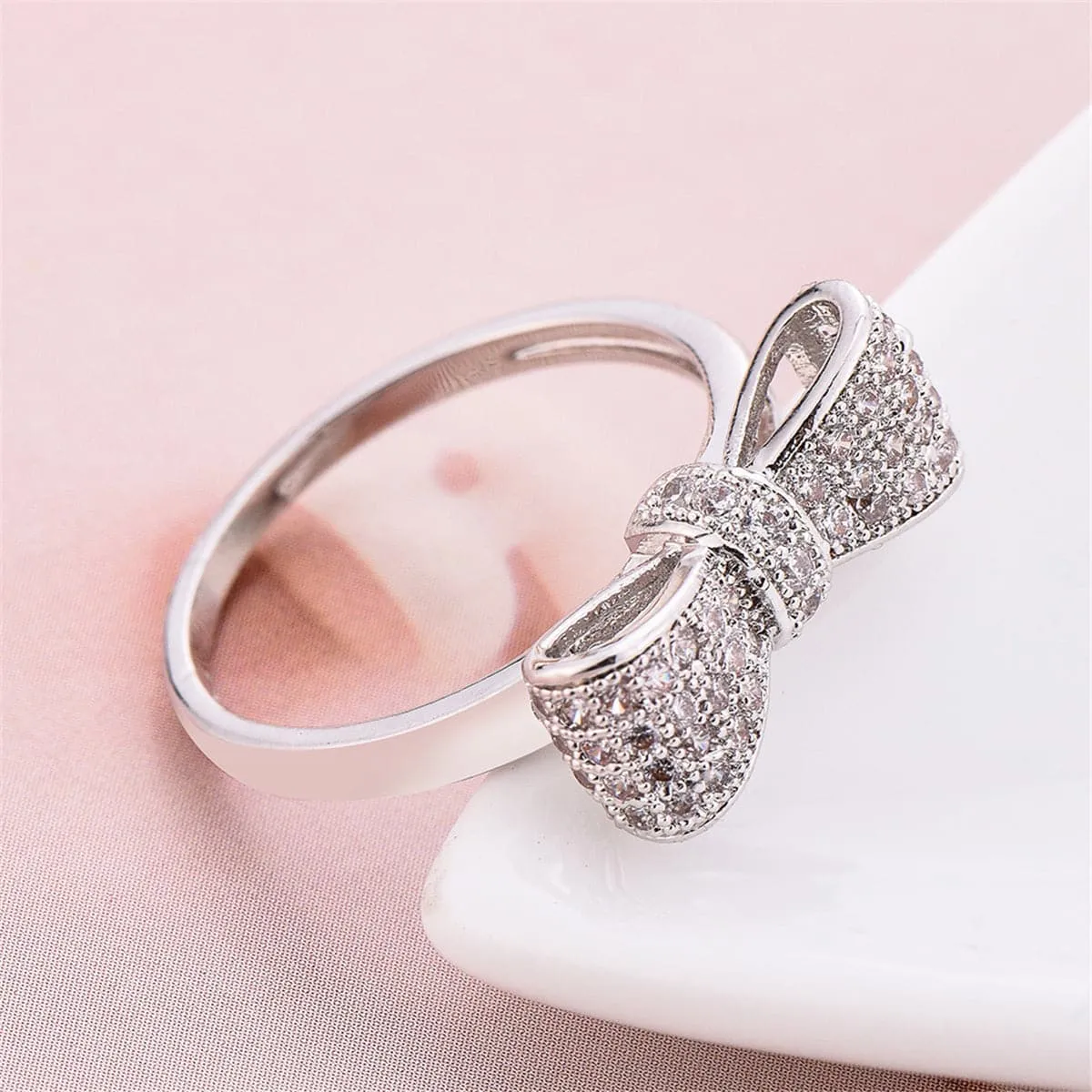 Cubic Zirconia & Silver-Plated Bow Ring