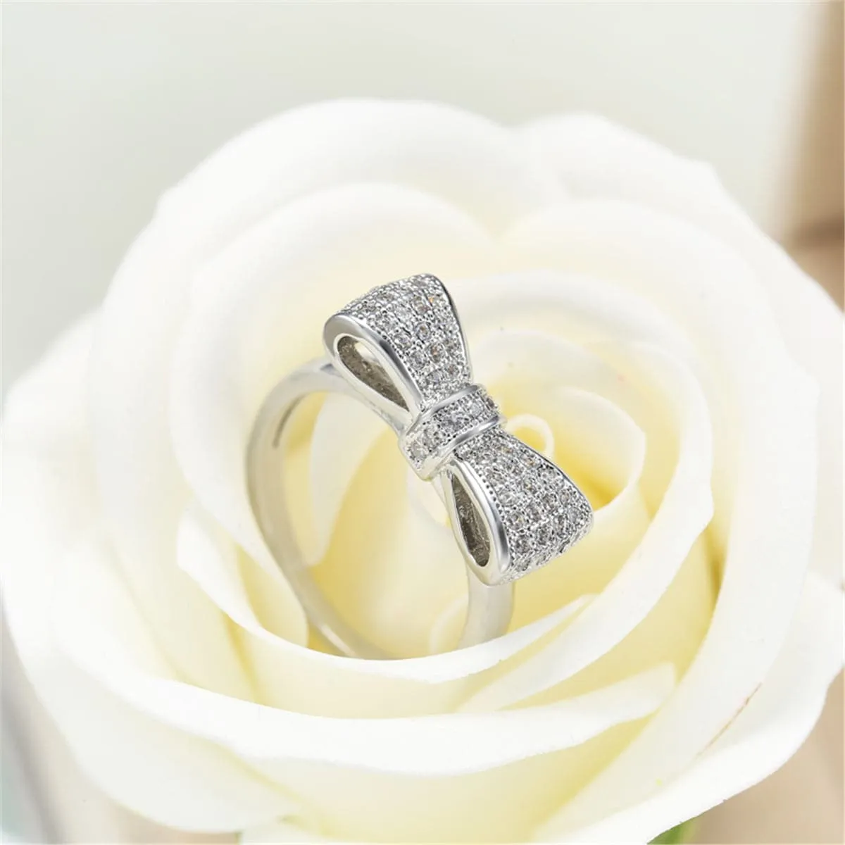 Cubic Zirconia & Silver-Plated Bow Ring