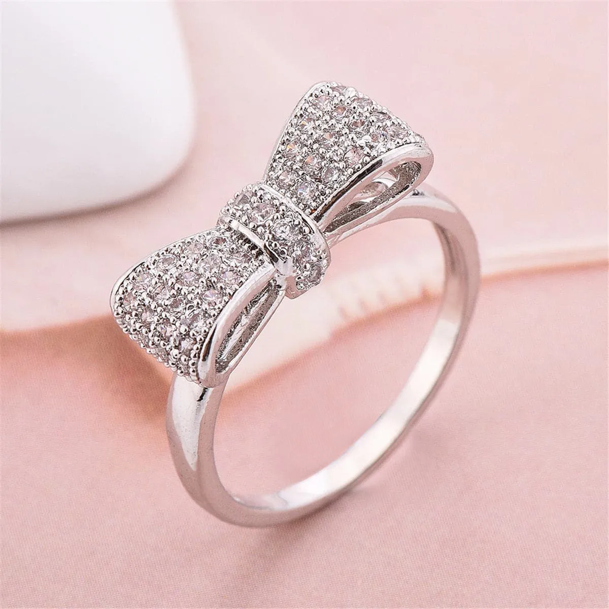 Cubic Zirconia & Silver-Plated Bow Ring