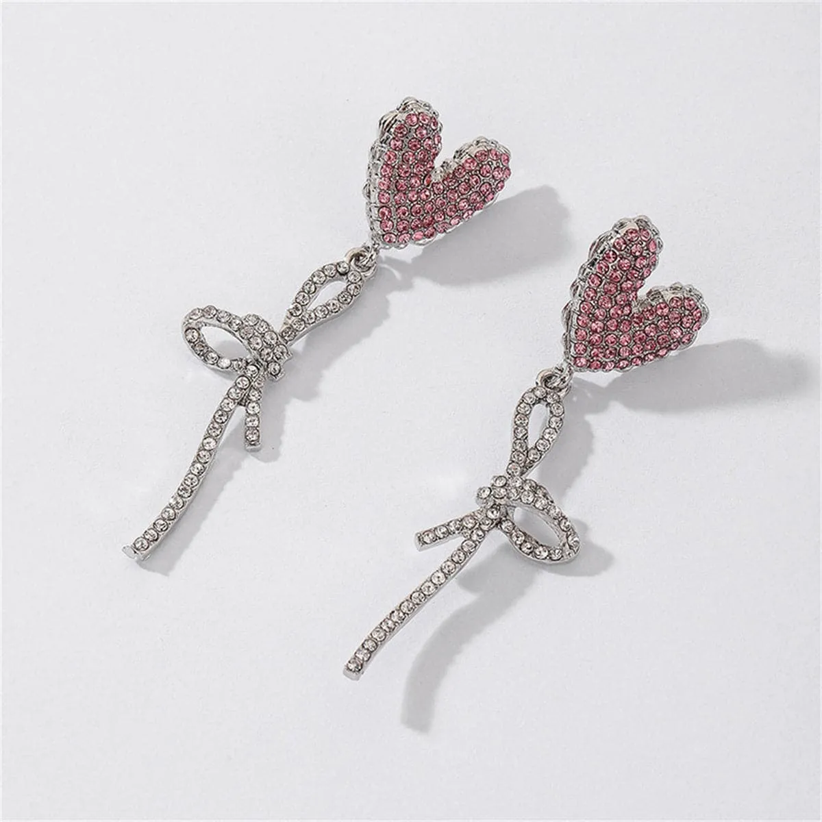 Cubic Zirconia & Silver-Plated Heart Bow Drop Earrings