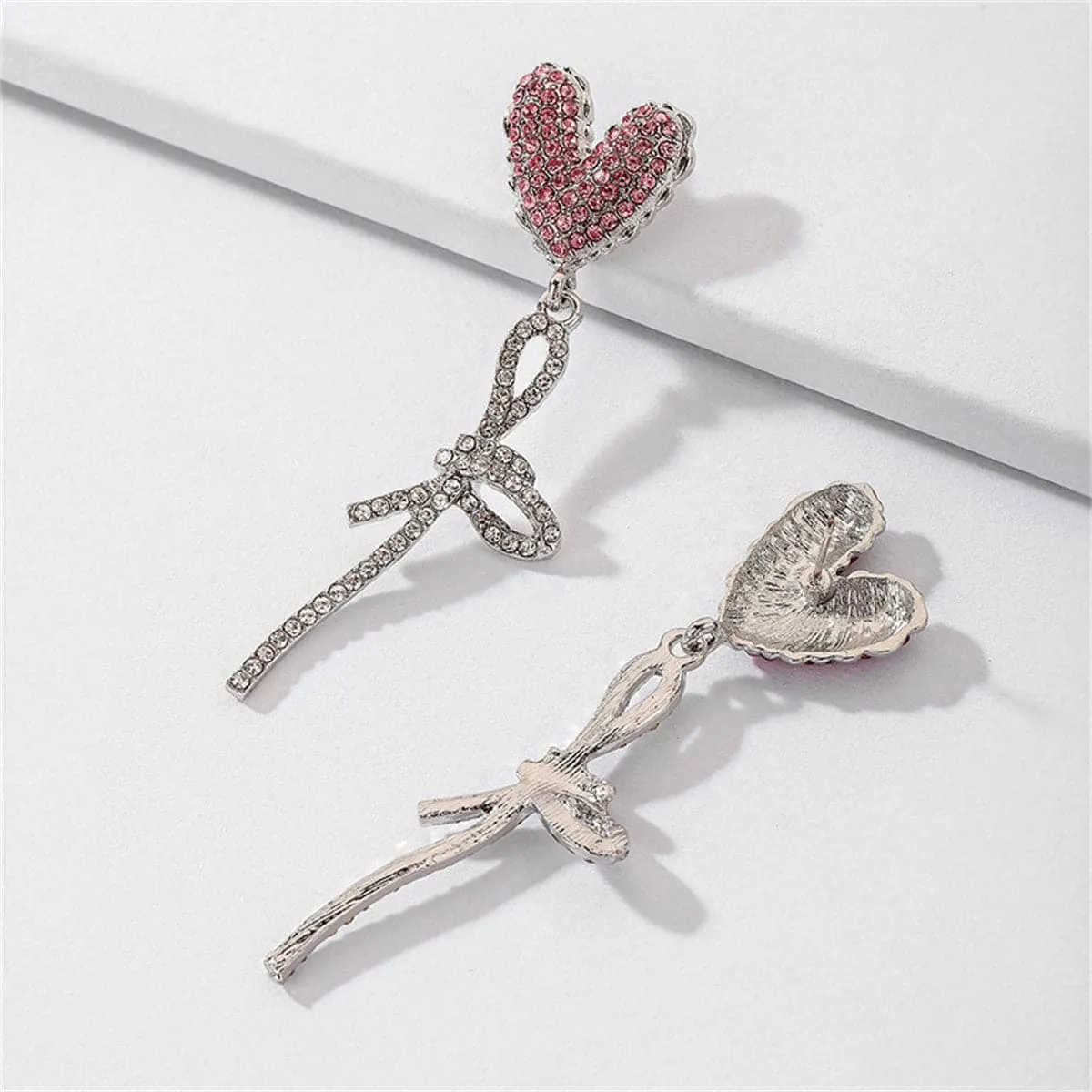 Cubic Zirconia & Silver-Plated Heart Bow Drop Earrings