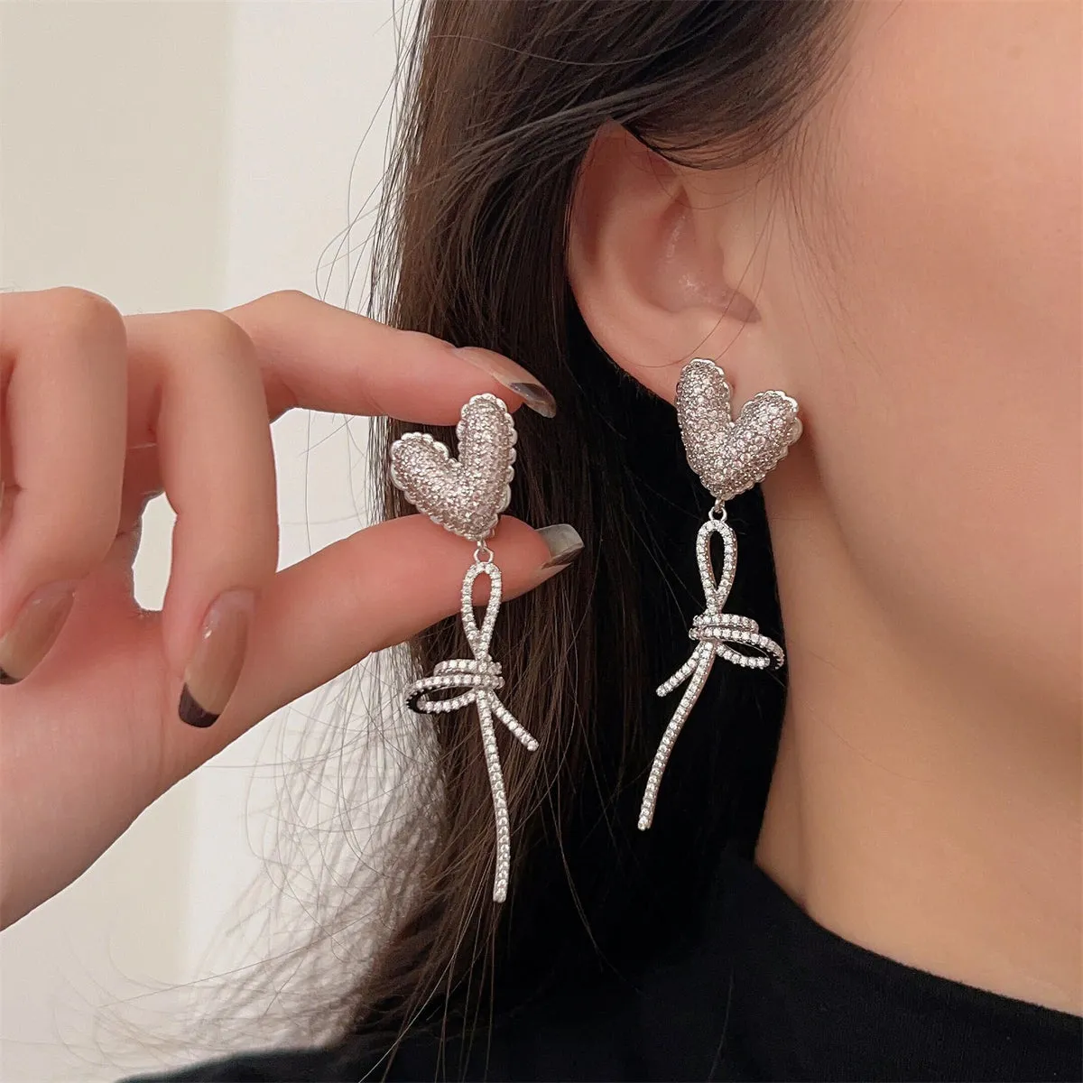 Cubic Zirconia & Silver-Plated Heart Bow Drop Earrings