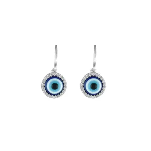 Cubic Zirconia and Enamel Evil Eye Earrings in Silver