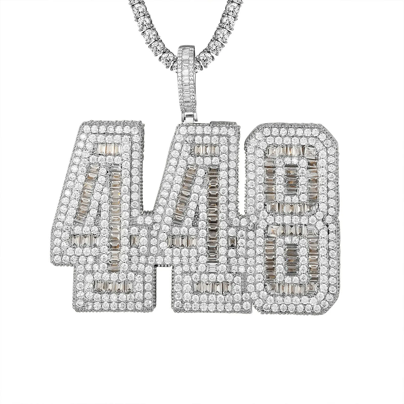 Custom 448 Baguette Block Numbers  Simulated Diamond With Chain