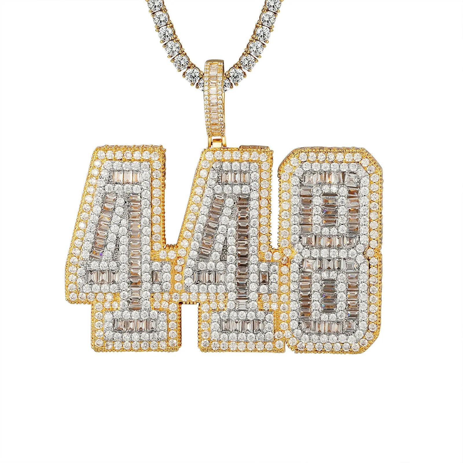 Custom 448 Baguette Block Numbers  Simulated Diamond With Chain