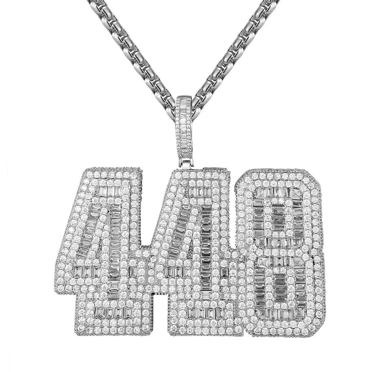 Custom 448 Baguette Block Numbers  Simulated Diamond With Chain