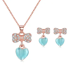 Cyan Quartz & 18K Rose Gold-Plated Bow Heart Drop Earrings & Pendant Necklace