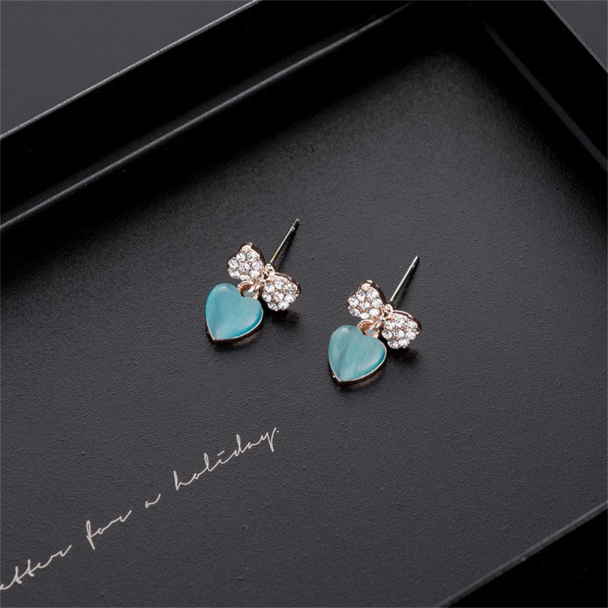Cyan Quartz & 18K Rose Gold-Plated Bow Heart Drop Earrings & Pendant Necklace