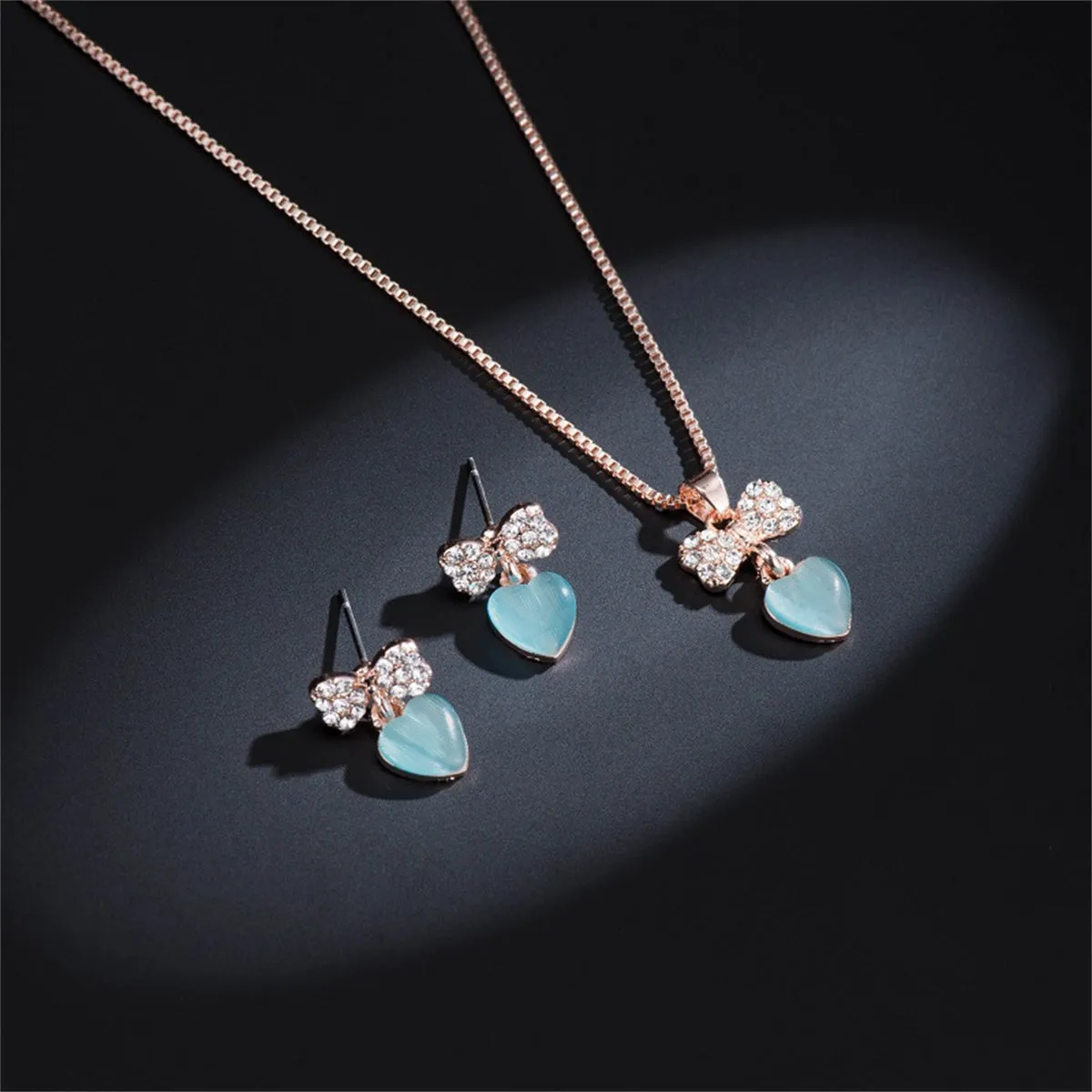 Cyan Quartz & 18K Rose Gold-Plated Bow Heart Drop Earrings & Pendant Necklace
