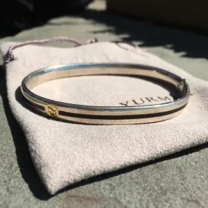 David Yurman Sterling Silver Gold Black Enamel Hinged Logo Bracelet Authentic