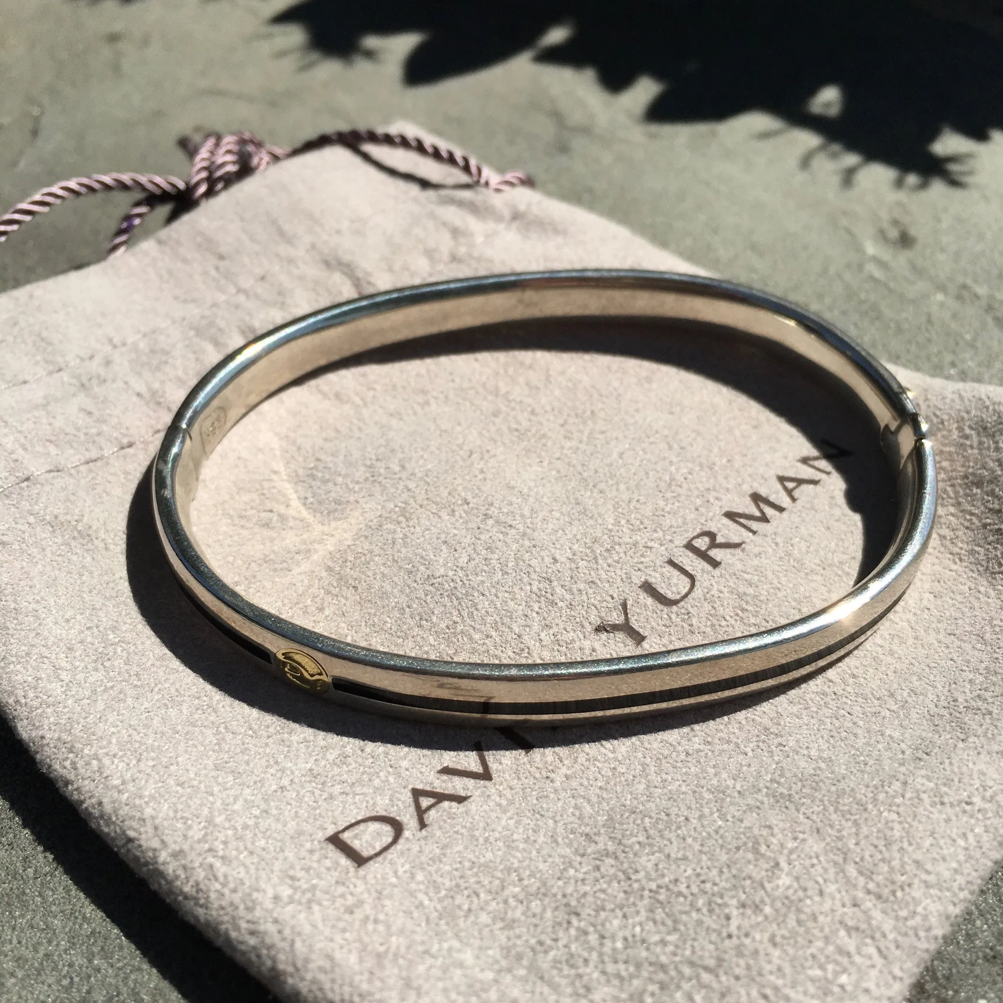 David Yurman Sterling Silver Gold Black Enamel Hinged Logo Bracelet Authentic
