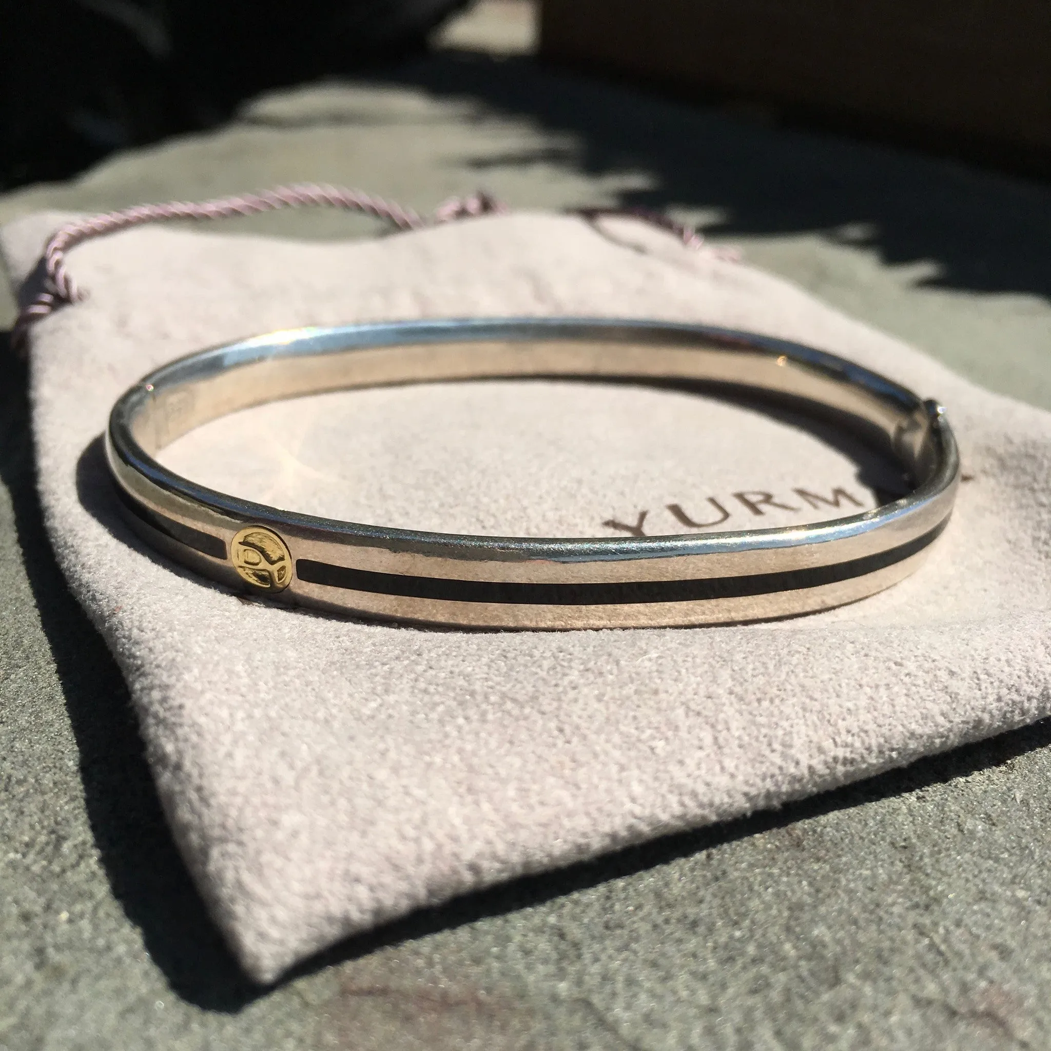David Yurman Sterling Silver Gold Black Enamel Hinged Logo Bracelet Authentic