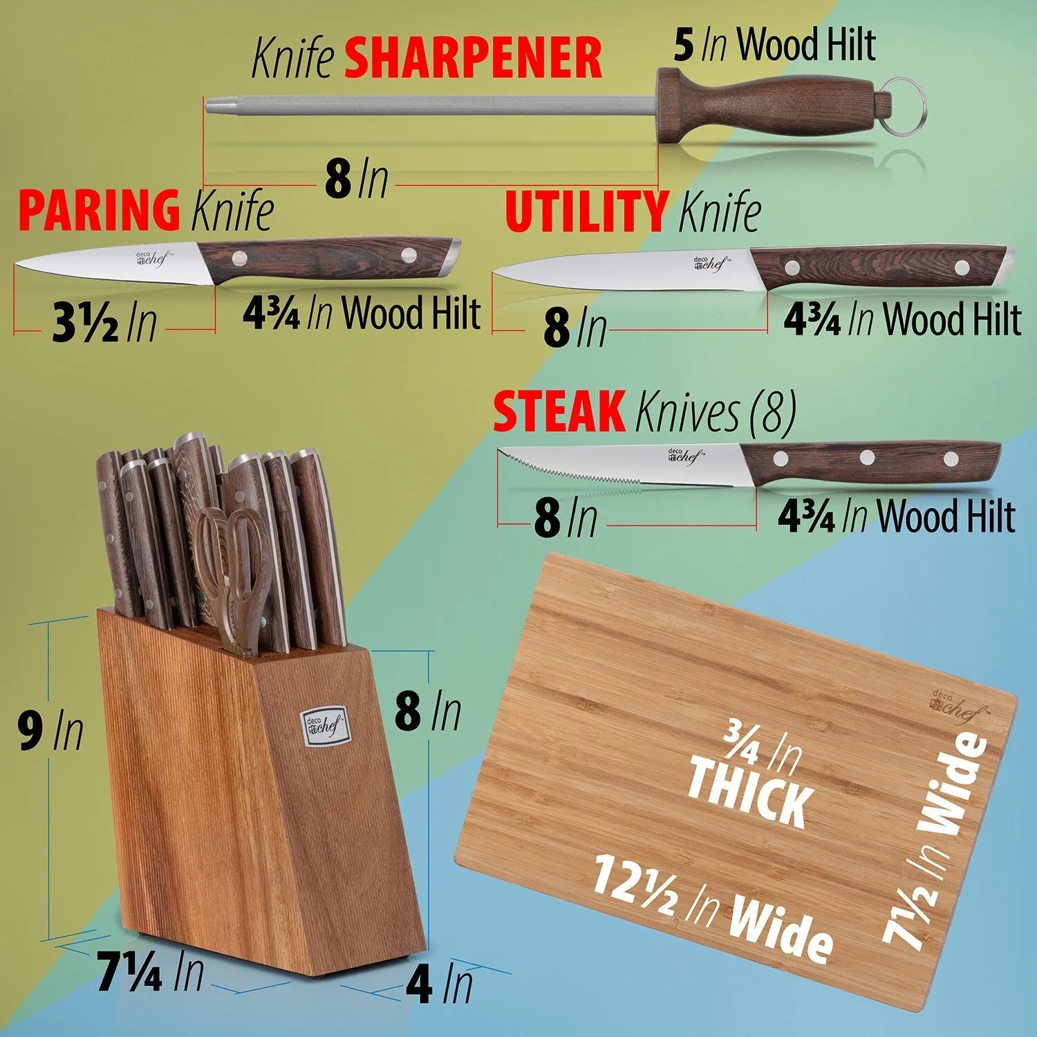 Deco Chef 16 Piece Kitchen Knife Set with Wedge Handles, Shears, Block, and Cutting Board