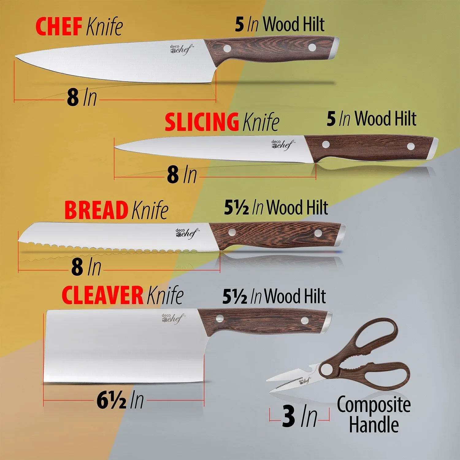 Deco Chef 16 Piece Kitchen Knife Set with Wedge Handles, Shears, Block, and Cutting Board