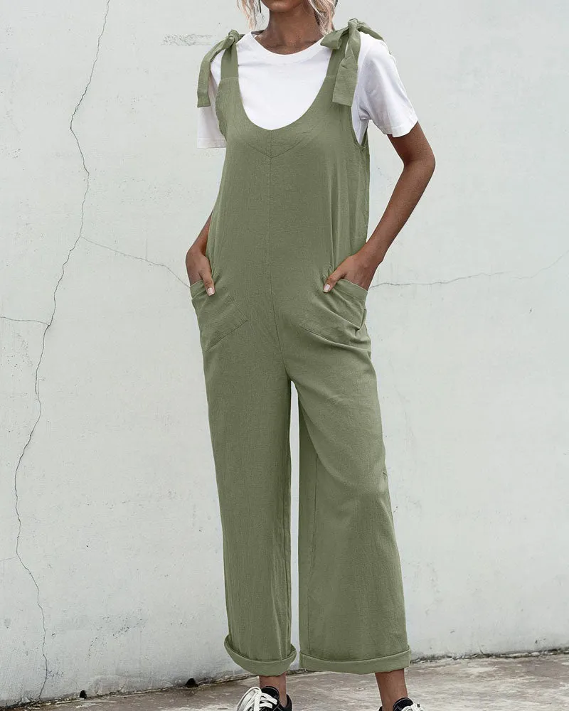 Deep U-Neck Lace-up Bow Backless Jumpsuit