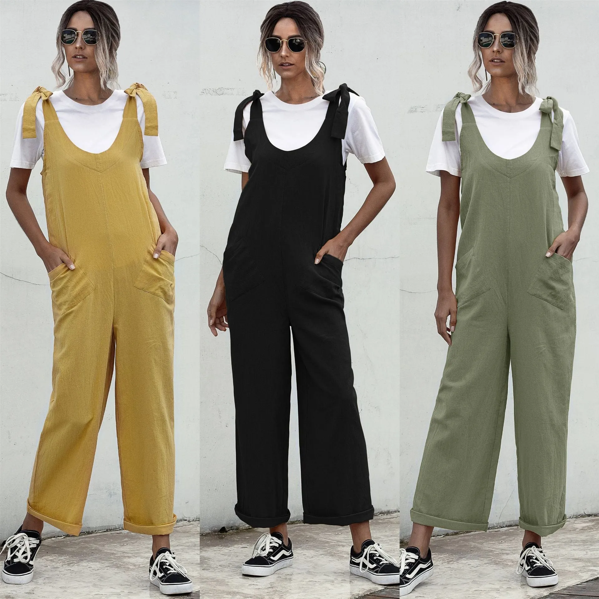 Deep U-Neck Lace-up Bow Backless Jumpsuit