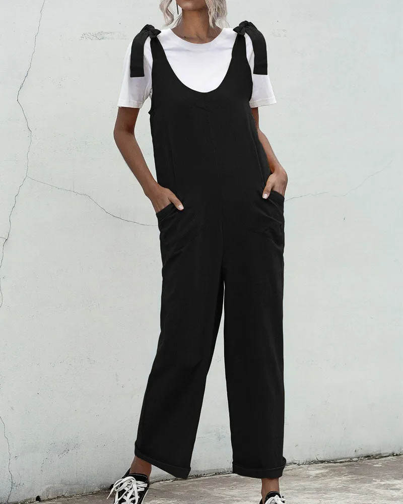 Deep U-Neck Lace-up Bow Backless Jumpsuit