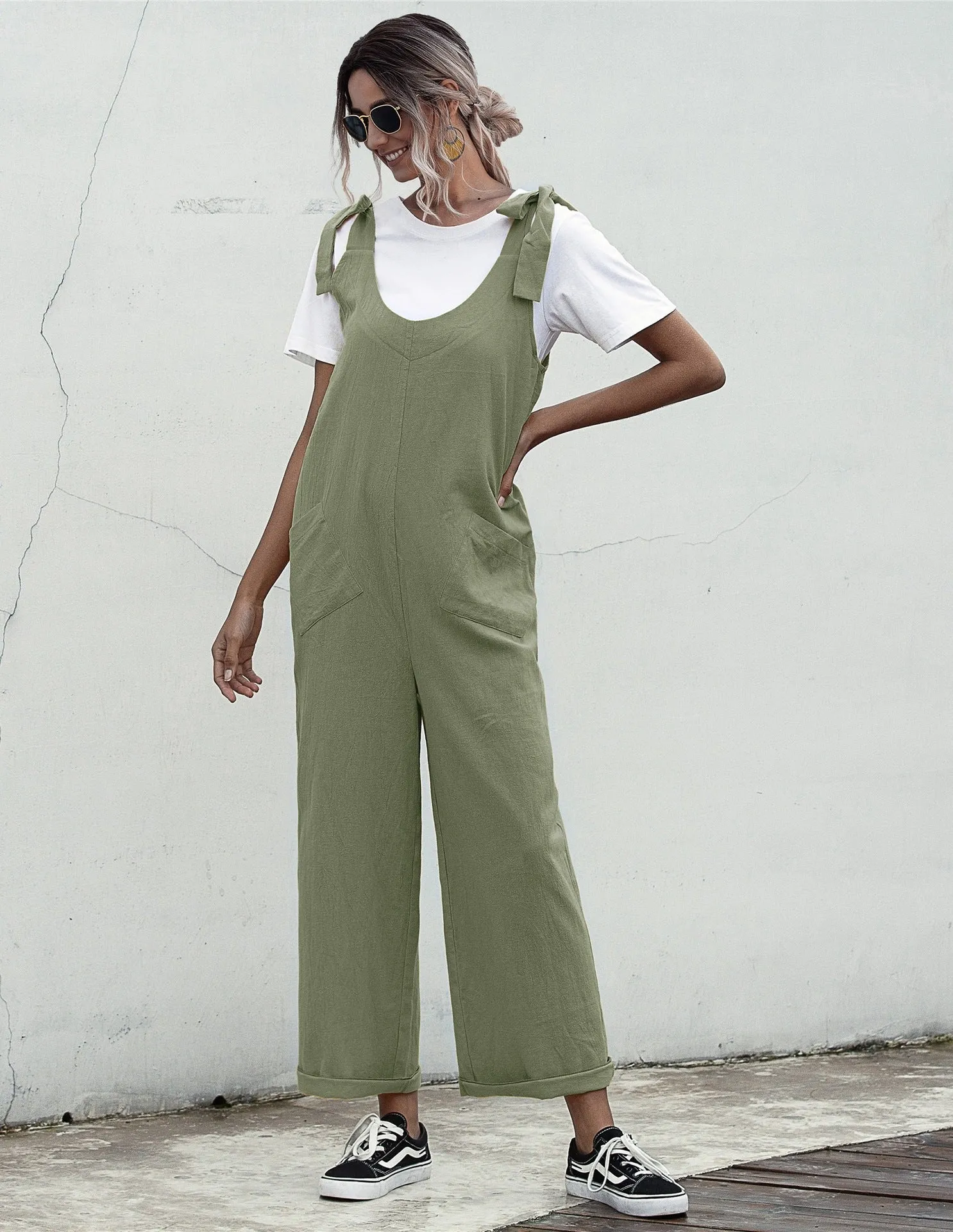 Deep U-Neck Lace-up Bow Backless Jumpsuit