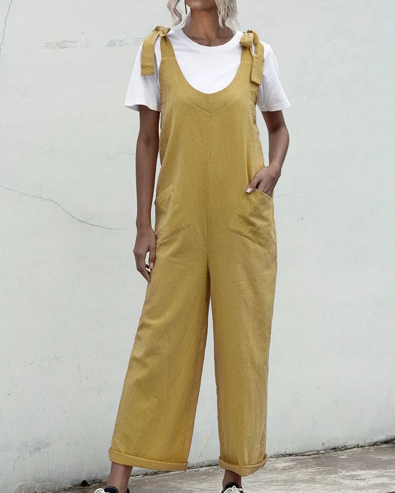Deep U-Neck Lace-up Bow Backless Jumpsuit