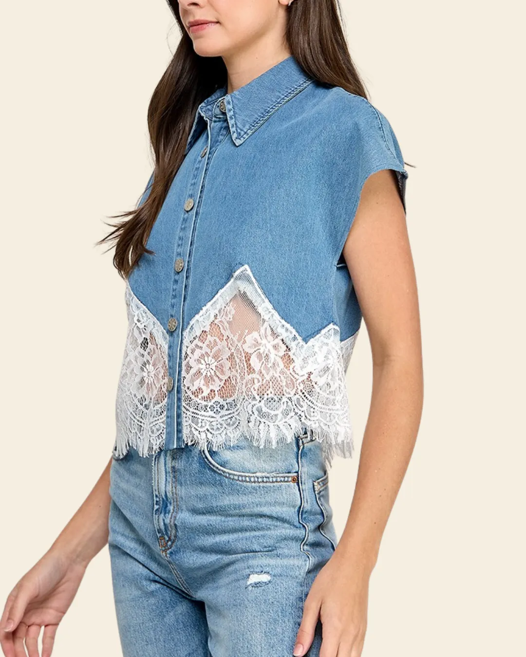 DENIM N LACE COLOR BLOCK BUTTON SHIRT