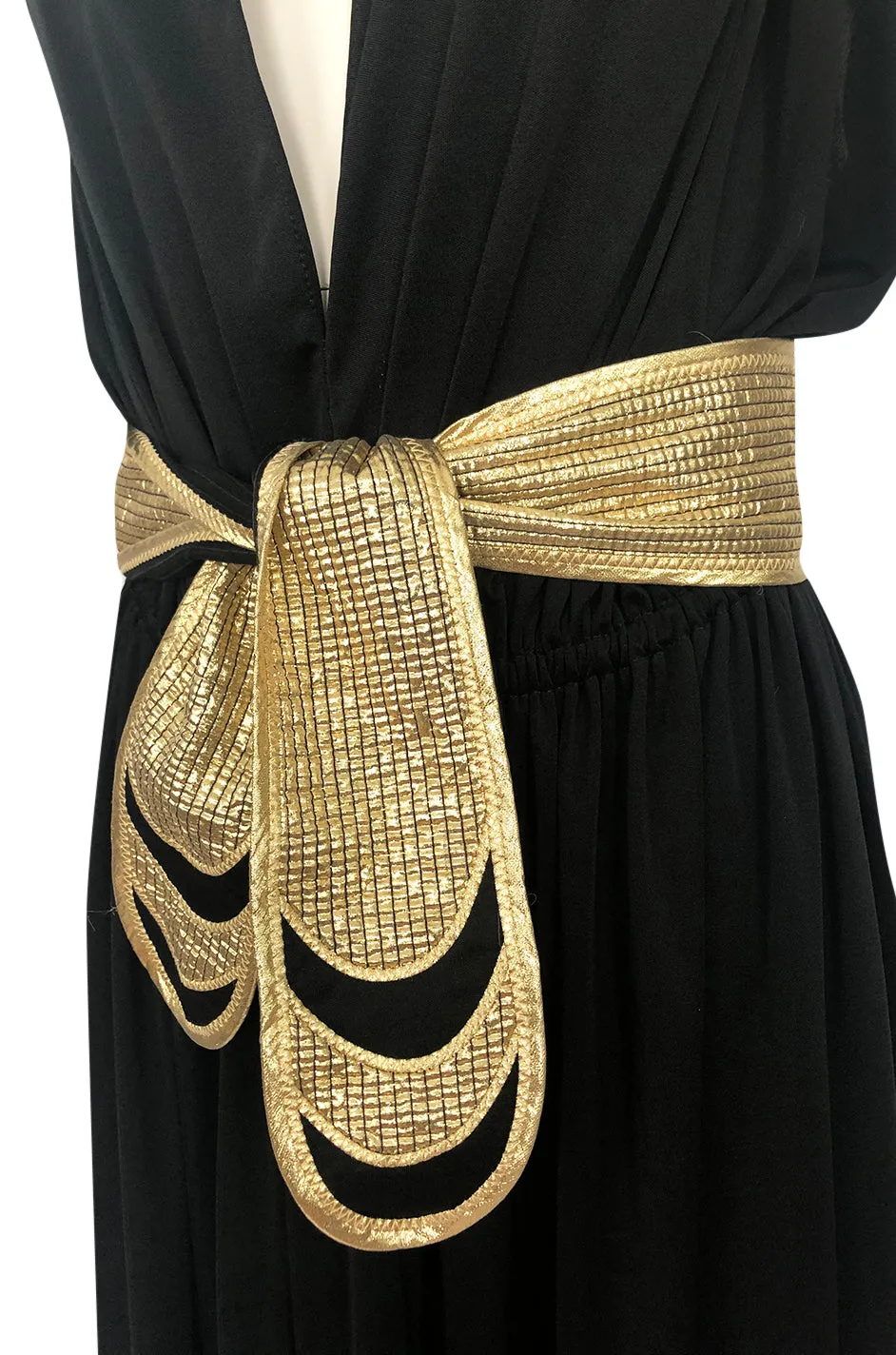 Documented 1980 Bill Tice Plunge Front Black & Gold Backless Halter Dress