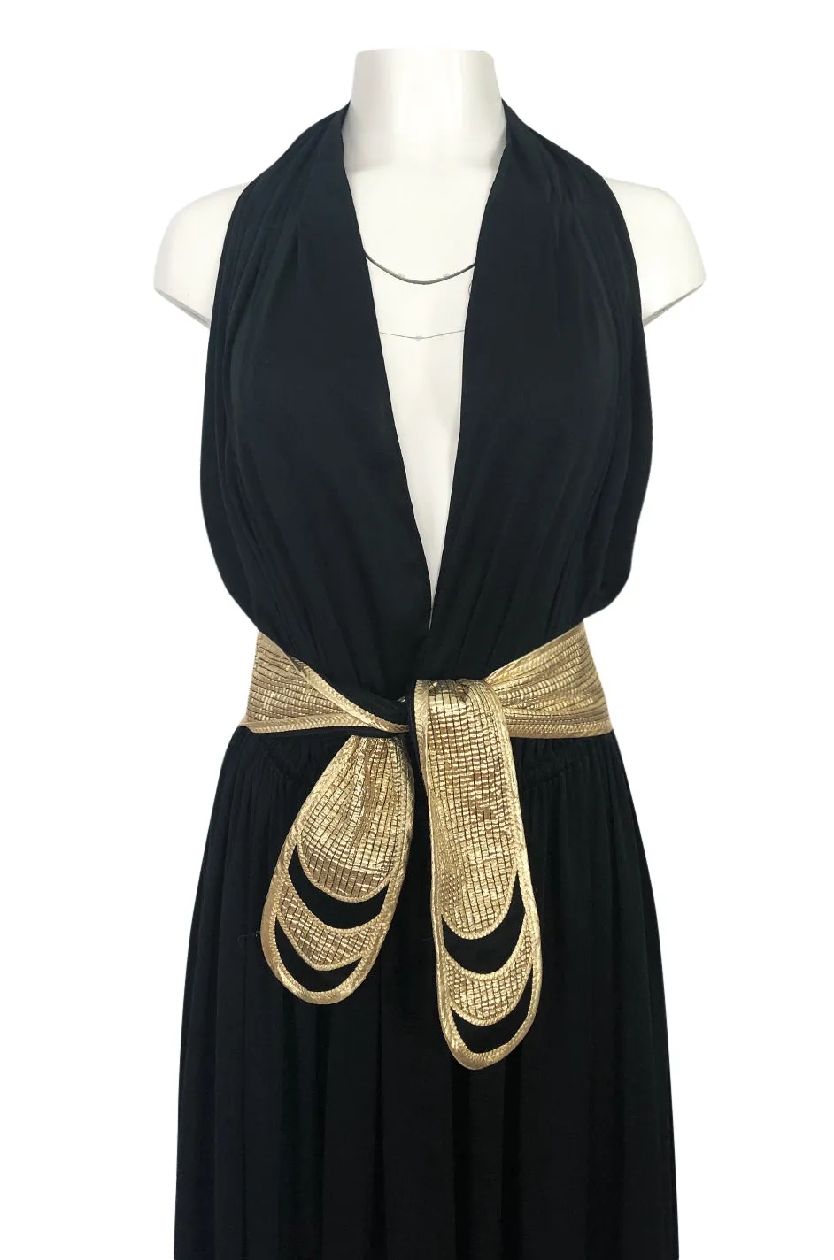 Documented 1980 Bill Tice Plunge Front Black & Gold Backless Halter Dress