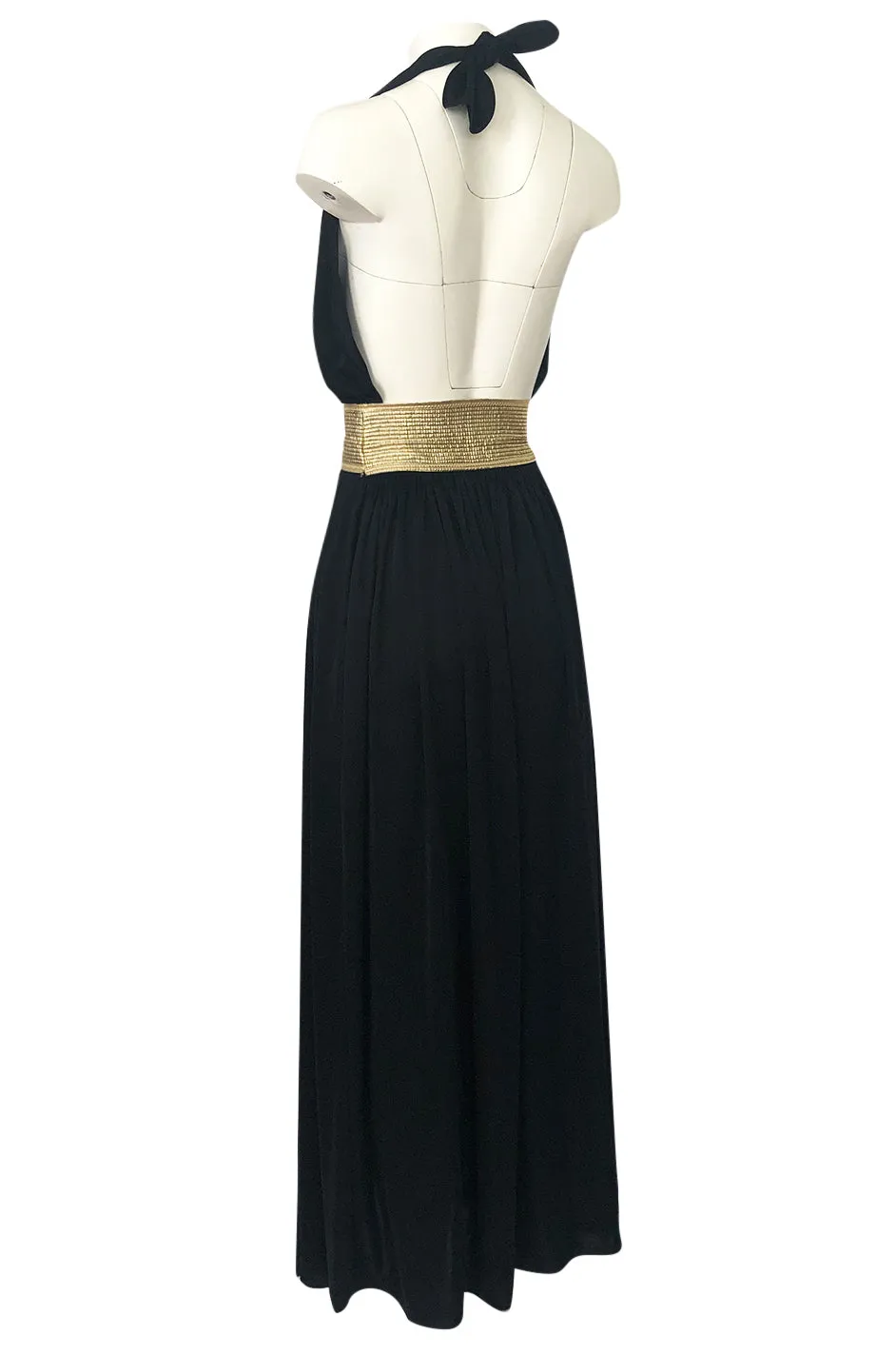 Documented 1980 Bill Tice Plunge Front Black & Gold Backless Halter Dress