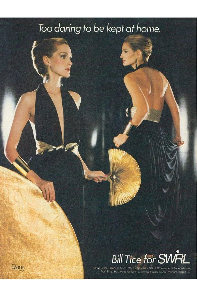 Documented 1980 Bill Tice Plunging Front Ivory Jersey & Gold Belt Dress