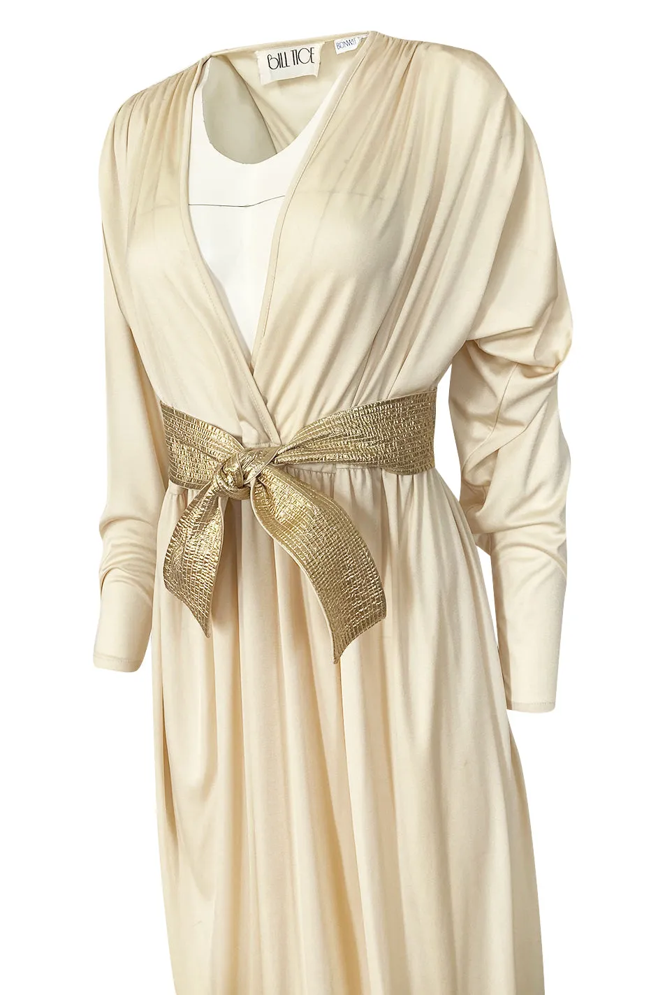 Documented 1980 Bill Tice Plunging Front Ivory Jersey & Gold Belt Dress