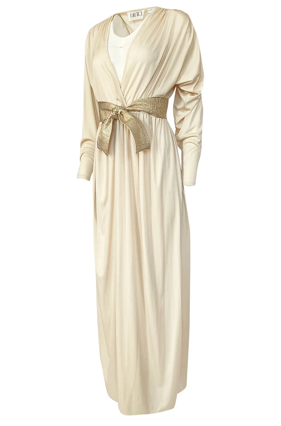 Documented 1980 Bill Tice Plunging Front Ivory Jersey & Gold Belt Dress